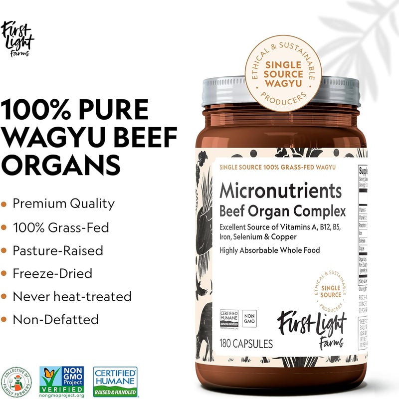 First Light مكمل لحم البقر العضوي المجفف بالتجميد من فارمات فيرست لايت واغيو 180 كبسولة تغذية غذائية كاملة مع كبد وقلب وكلى وطحال معقد لحم البقر العضوي معتمد إنسانياً - Image 4