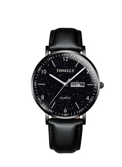 T079 Starry Sky Black Case Blue Face Black Leather Strap