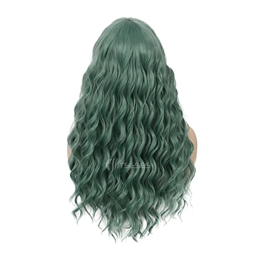 Tseses Green Long Curly Wavy Wigs for Women Synthetic Wig Heat Resistant Hair with Bangs for Party Cosplay Halloween Daily Use - Image 5
