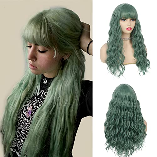Tseses Green Long Curly Wavy Wigs for Women Synthetic Wig Heat Resistant Hair with Bangs for Party Cosplay Halloween Daily Use - Image 1