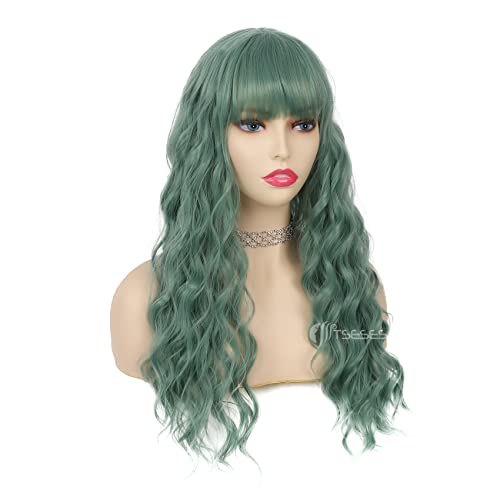 Tseses Green Long Curly Wavy Wigs for Women Synthetic Wig Heat Resistant Hair with Bangs for Party Cosplay Halloween Daily Use - Image 3