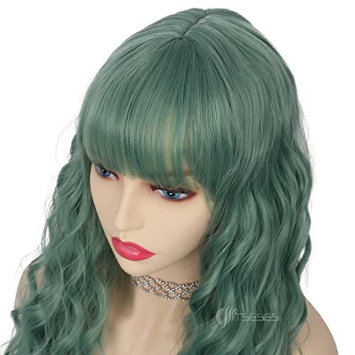 Tseses Green Long Curly Wavy Wigs for Women Synthetic Wig Heat Resistant Hair with Bangs for Party Cosplay Halloween Daily Use - Image 4