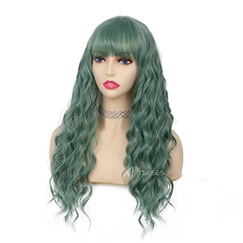 Tseses Green Long Curly Wavy Wigs for Women Synthetic Wig Heat Resistant Hair with Bangs for Party Cosplay Halloween Daily Use - Image 2