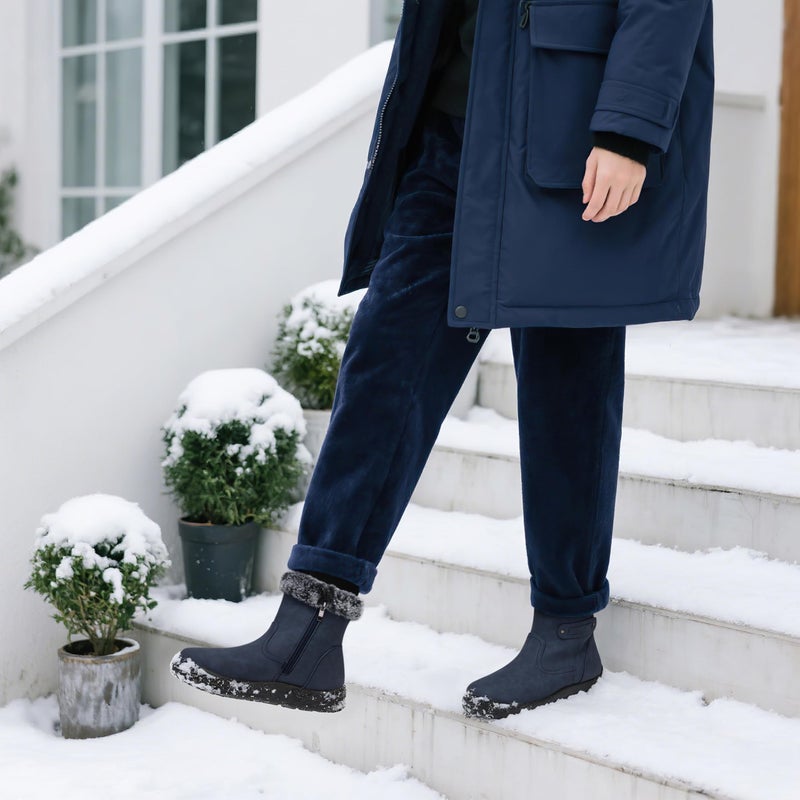 SHIBEVER Women's Snow Boots Winter Fur Lined Waterproof Anti-Slip Leather Women Ankle Snow Boots Blue Size 9 - Image 2