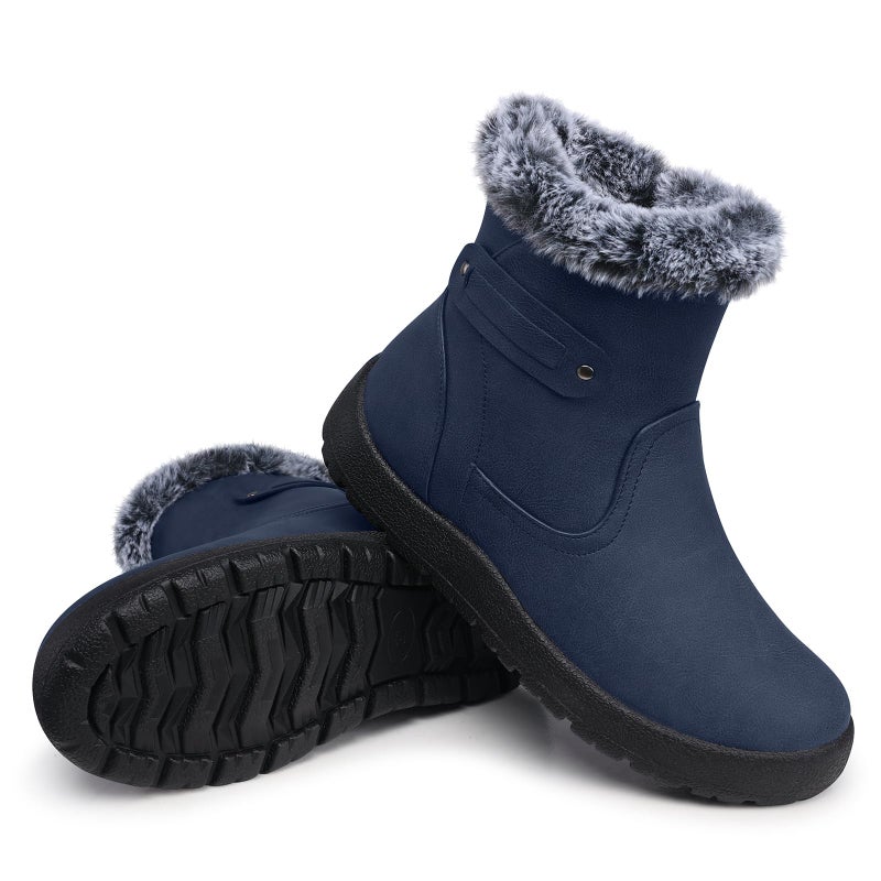 SHIBEVER Women's Snow Boots Winter Fur Lined Waterproof Anti-Slip Leather Women Ankle Snow Boots Blue Size 9 - Image 1