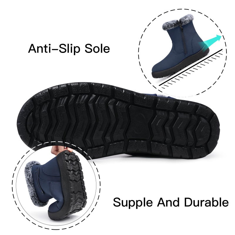 SHIBEVER Women's Snow Boots Winter Fur Lined Waterproof Anti-Slip Leather Women Ankle Snow Boots Blue Size 9 - Image 4