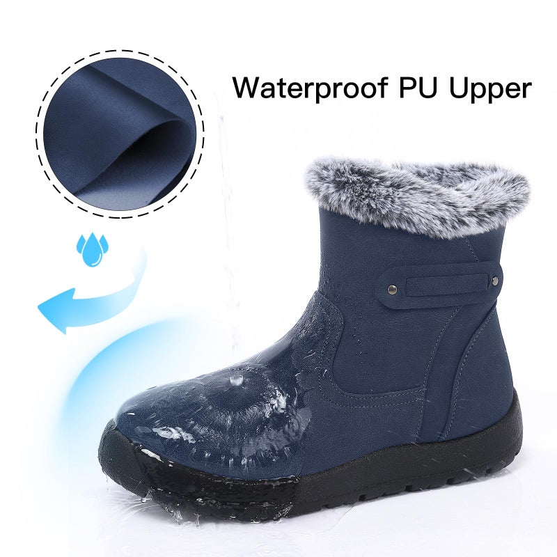 SHIBEVER Women's Snow Boots Winter Fur Lined Waterproof Anti-Slip Leather Women Ankle Snow Boots Blue Size 9 - Image 5
