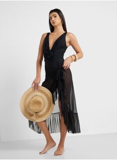 ELLA Plunge Neck Swimsuit With 3D Floral & Beach Sarong  - Image 1
