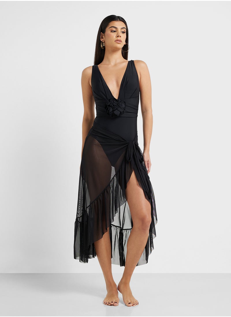 ELLA Plunge Neck Swimsuit With 3D Floral & Beach Sarong  - Image 4