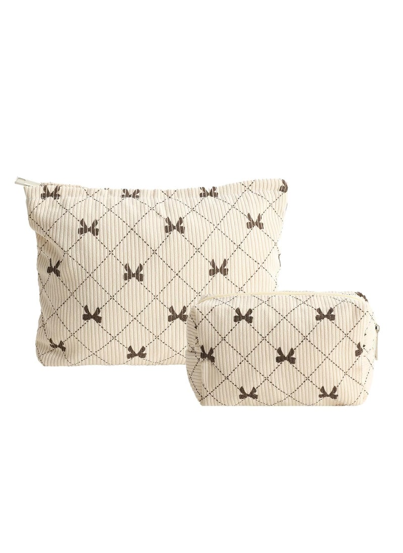 Lydztion LYDZTION 2PCS Cute Corduroy Makeup Bag for Women, Small Makeup Bag Set Travel Toiletry Bag Coquette Cosmetic Bag Bow Makeup Bag Portable Versatile Zipper Pouch-Khaki 