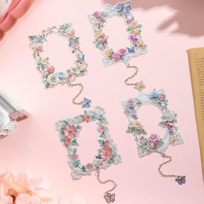 علامات مرجعية معدنية للنساء، علامات مرجعية كبيرة الحجم مجوفة لطيفة على شكل اكليل زهرة وفراشة، علامة كتاب فريدة للقراءة، هدية فنية لمحبي الكتب والقراء والاطفال والمراهقين والرجال من 4 قطع - Image 2