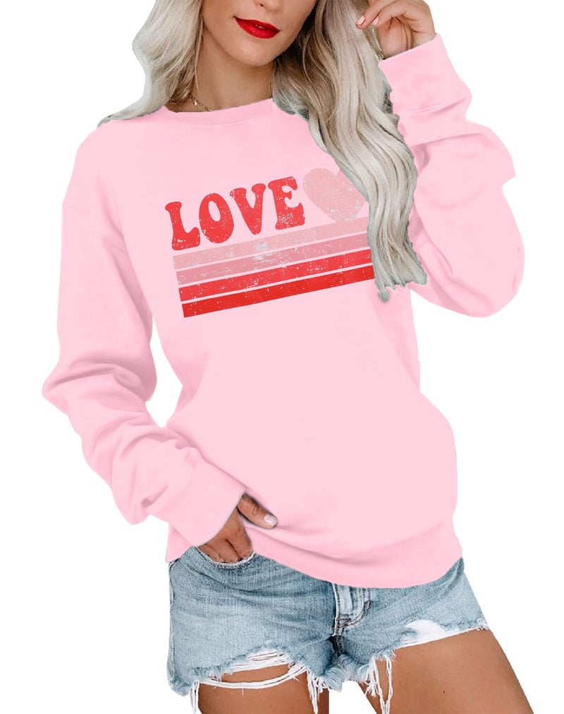 LUKYCILD Valentines Love Heart Shirt: Women Casual Crewneck Sweatshirts Funny Love Graphic Tee Long Sleeve Pullover Tops Pink - Image 1