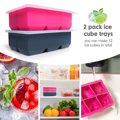 Excnorm Silicone Ice Cube Trays with Lids,Large Square Ice Cube Molds for Freezer, Whiskey, Cocktail, Stackable Flexible and Reusable & Easy Release BPA Free (2 Pack&Dark Gray and Rose) - Image 4
