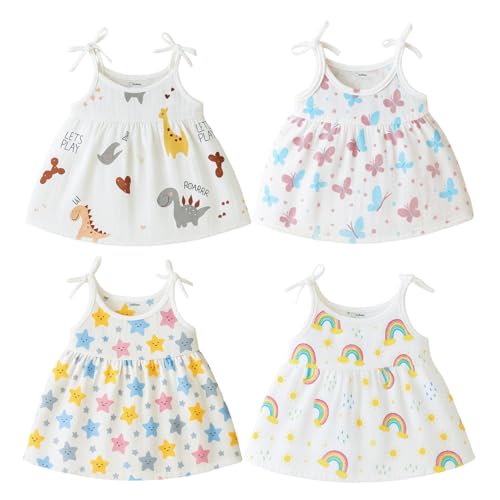 Kidbea® 100% Organic Cotton Newborn Baby Girls Sleeveless Dress | Casual Muslin Frock Infant - 4 Cute Prints (0-3 Months) - Image 1