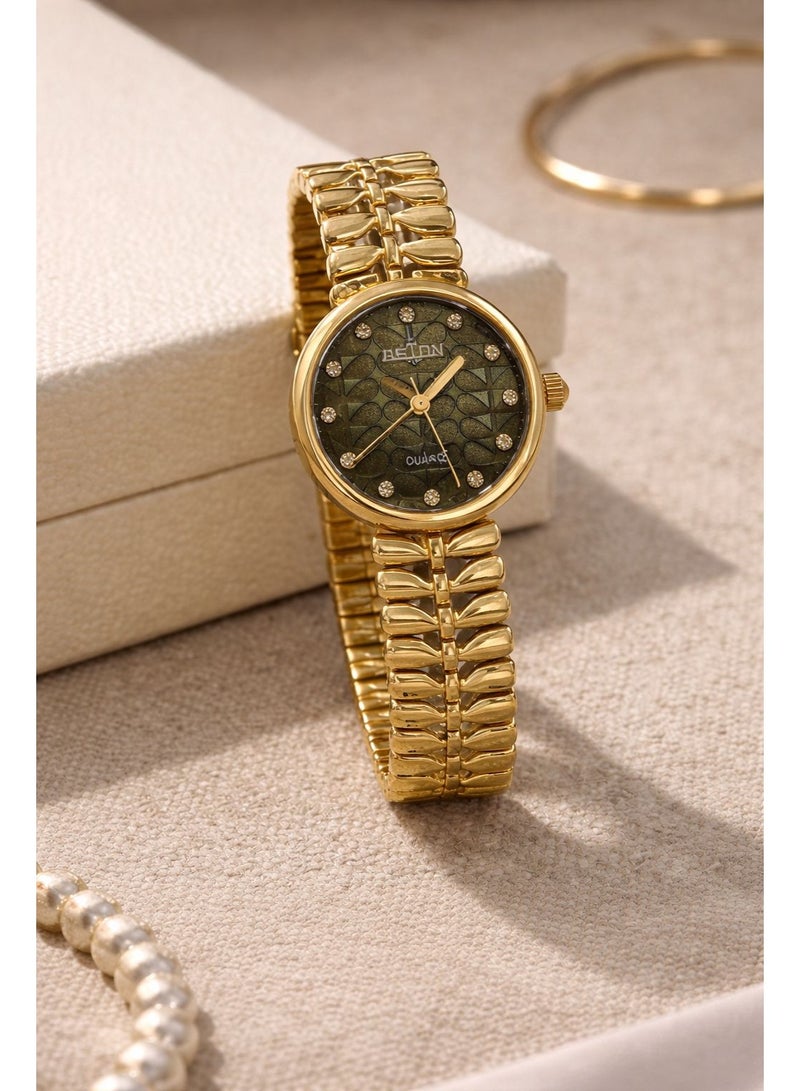 أستون ساعة يد نسائية كوارتز باللون الذهبي سوار معدني مرن تصميم أنيق مينا مزخرفة مناسبة للاستخدام اليومي والمناسبات - Image 1