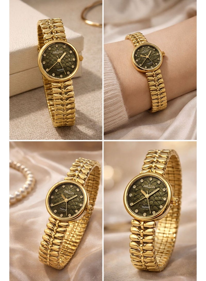 أستون ساعة يد نسائية كوارتز باللون الذهبي سوار معدني مرن تصميم أنيق مينا مزخرفة مناسبة للاستخدام اليومي والمناسبات - Image 3
