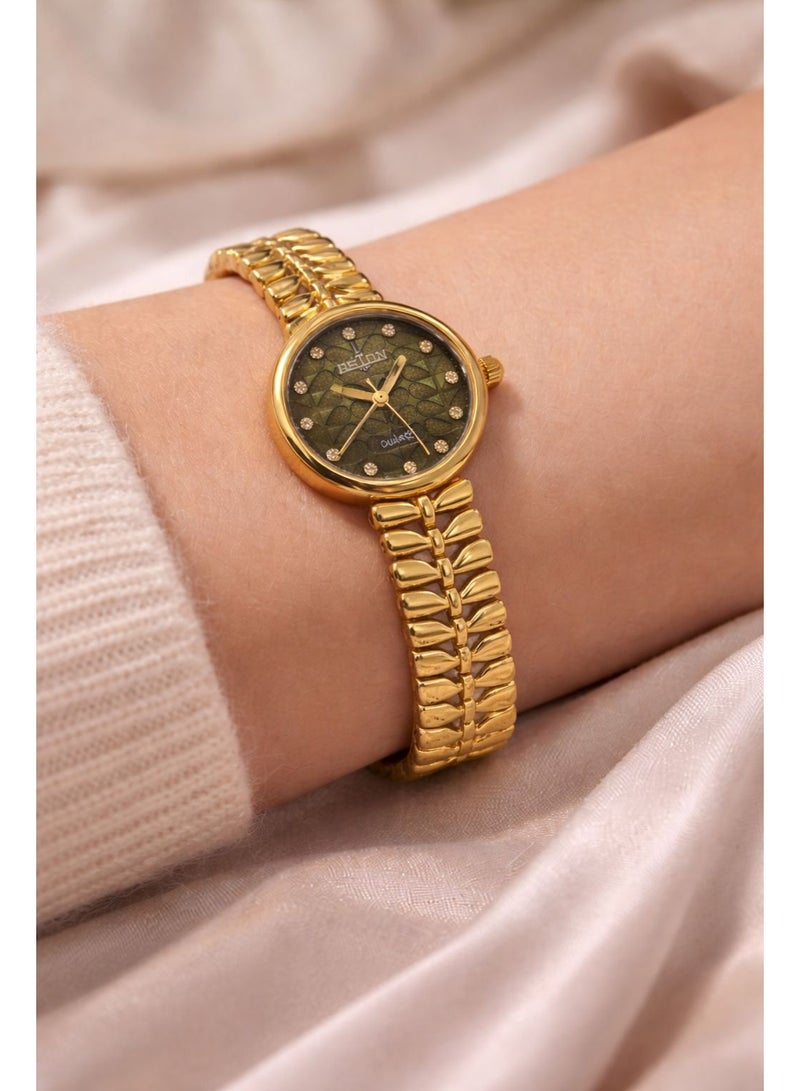 أستون ساعة يد نسائية كوارتز باللون الذهبي سوار معدني مرن تصميم أنيق مينا مزخرفة مناسبة للاستخدام اليومي والمناسبات - Image 2