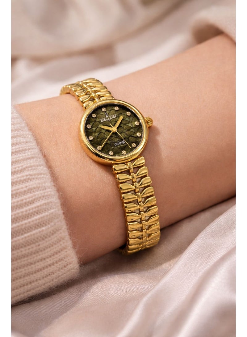 أستون ساعة يد نسائية كوارتز باللون الذهبي سوار معدني مرن تصميم أنيق مينا مزخرفة مناسبة للاستخدام اليومي والمناسبات - Image 4