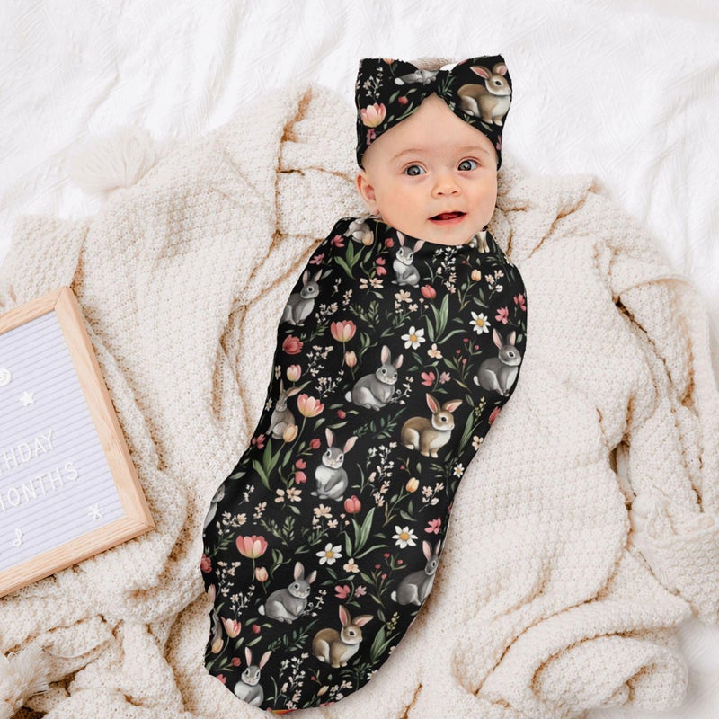 Figtihw Bunny Swaddle Blankets Newborn Receiving Blanket Baby Swaddle Wrap with Headband Hat Set for Baby Girls Boys - Image 3