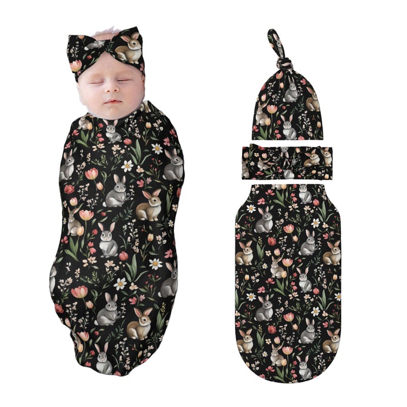 Figtihw Bunny Swaddle Blankets Newborn Receiving Blanket Baby Swaddle Wrap with Headband Hat Set for Baby Girls Boys - Image 1