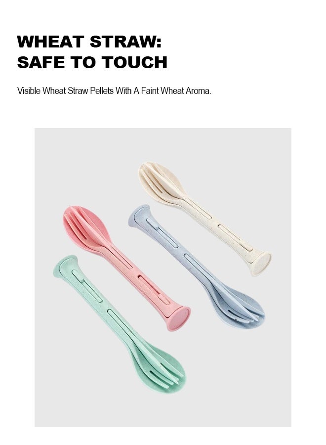 Kids Wheat Straw Utensils 3 In 1 Spoon Fork Knife Set 4 Pack With Portable Case For Travel - Image 3