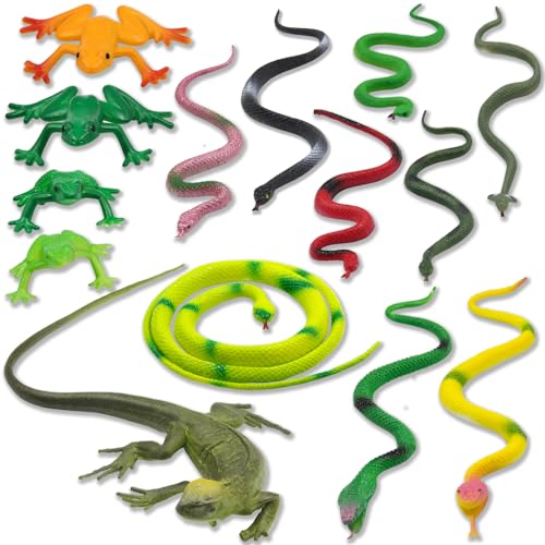 Pinowu 14pcs Realistic Rubber Forest Snake Animals 1 Lizard 4 Frog Toys 9 Fake Snakes 4 to 35 Assorted Colorful Animal Toys for Boy Girl Garden Prank Prop Scare Birds Halloween Party Favors - Image 1