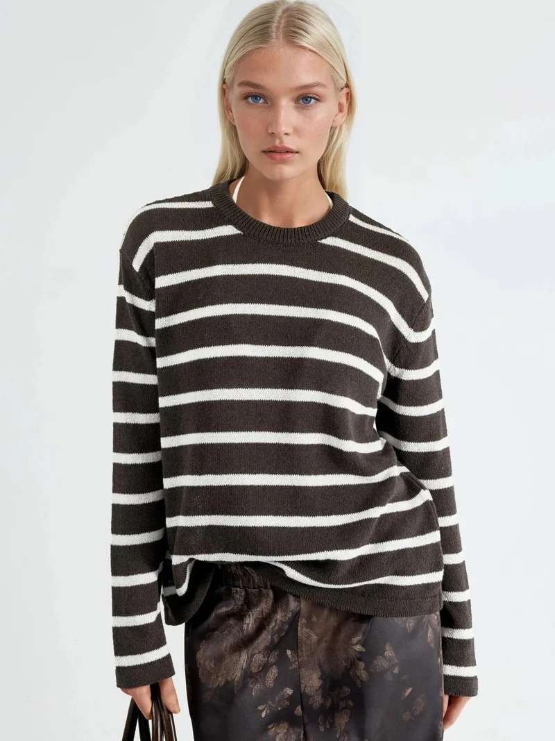 Qustyle QU STYLE Striped Ribbed Crew Neck Jumper