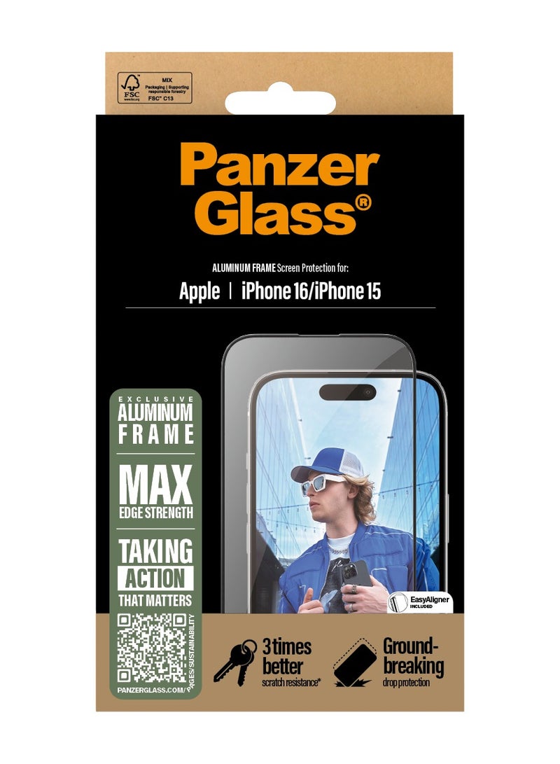 PanzerGlass® Aluminium Frame Screen Protector for Apple iPhone 16, EasyAligner, Tempered Glass, High Scratch Resistance, Impact Resistance, Elegant Aluminium Frame - Image 3