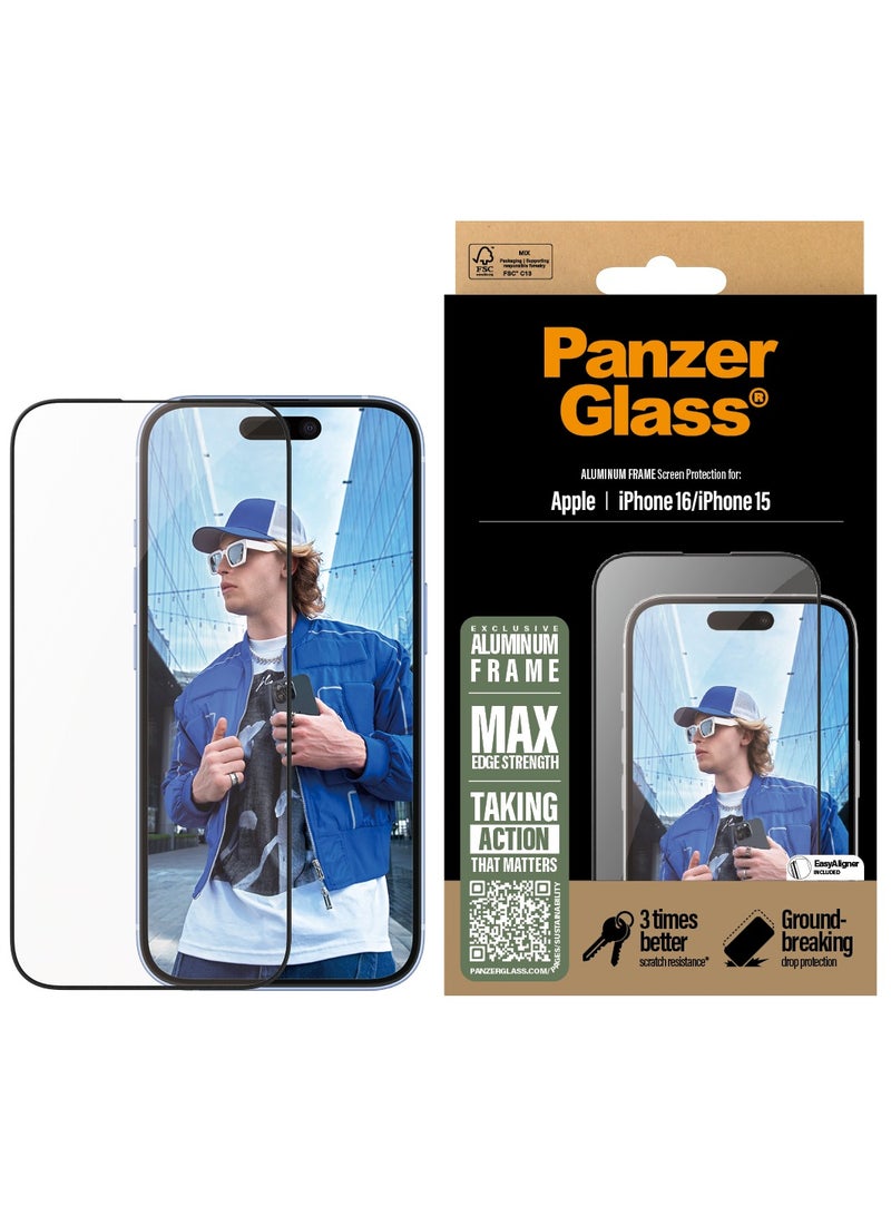 PanzerGlass® Aluminium Frame Screen Protector for Apple iPhone 16, EasyAligner, Tempered Glass, High Scratch Resistance, Impact Resistance, Elegant Aluminium Frame - Image 1