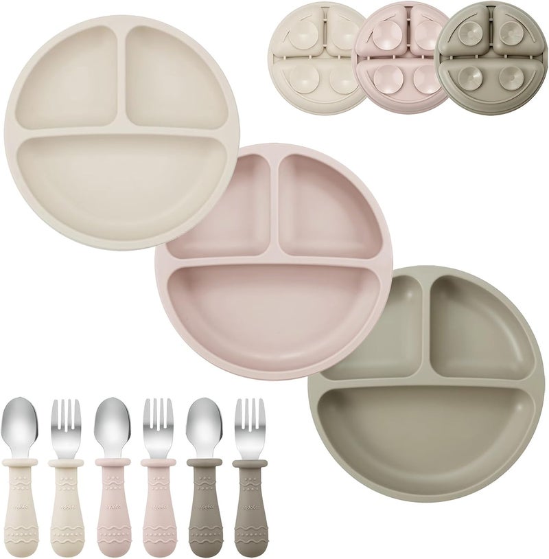 PandaEar 9Piece Toddler Plates  Utensils Set 3Pack Suction Plates with 3 Spoons  3 Forks Silicone Baby Feeding Set - Image 1