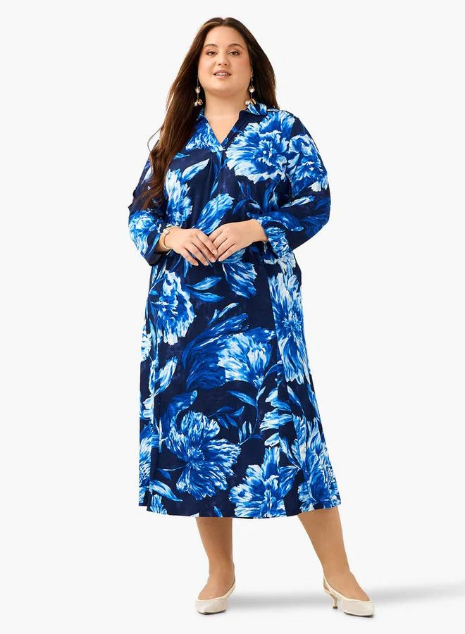 Ulla Popken Plus Size Ulla Popken Floral Print Collared Dress
