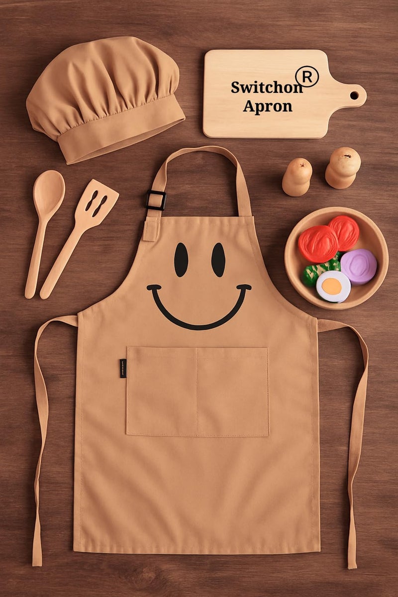 Switchon Polyester Waterproof Adjustable Kids Multi purpose Cooking Apron with a chef cap School Apron - for 6 years to 11 years Proudly made in india (Beige) - Image 3