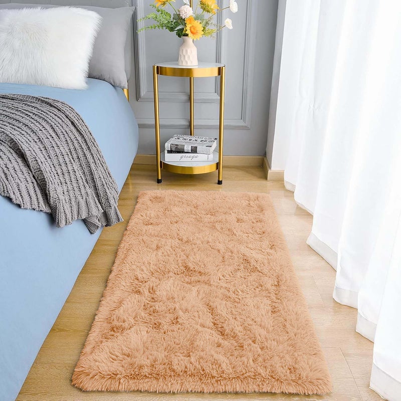 Aspire Homeware Fluffy Bedroom Rug  Beige Bedroom Runner 60x110 cm Area Rugs for Living Room Plush Carpet Modern Soft Shaggy Pile Faux Fur Rug for Home