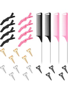 Patelai 27 Pieces Hair Braiding Hair Parting And Selecting Hair Sectioning Ring For Braiding Curling Installation Of Human Hair Extensions Pintail Rat Tail Comb Wide Teeth Sectioning Hair Clip (Pink Black)  - Image 1