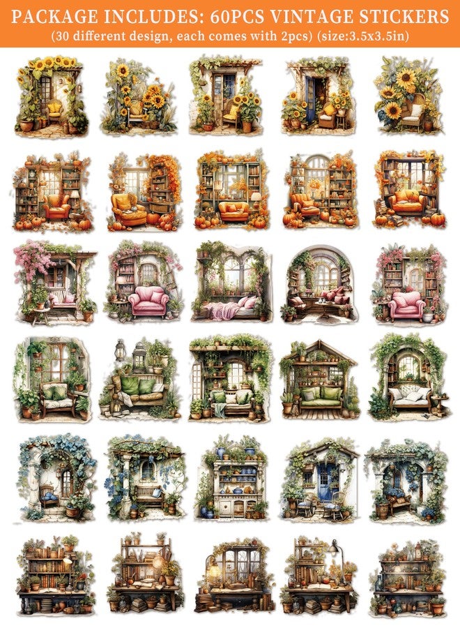 japleed 60PCS Vintage Scrapbooking Supplies, Flower Window Scrapbook Stickers Aesthetic Paper for Journaling Book Plant Sofa Cozy House Collage Decoupage Decorative Stickers for Junk Journal Gift Craft - Image 2