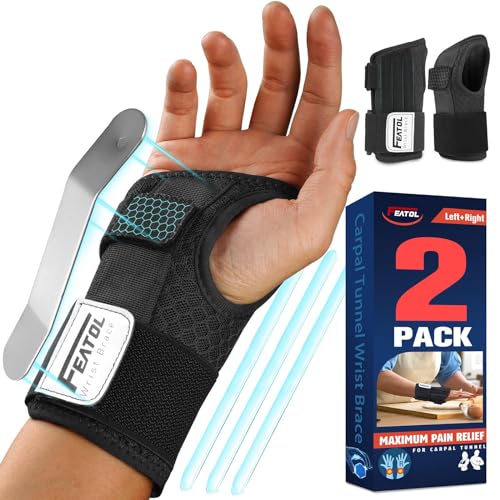 FEATOL FEATOL 2 Pack Carpal Tunnel Wrist Brace For Work With Wrist Splint 65 Wrist Brace Night Support For Women Men Pain Relief For Tendonitis Arthritis Pregnancy Typing Right and Left Hand Medium