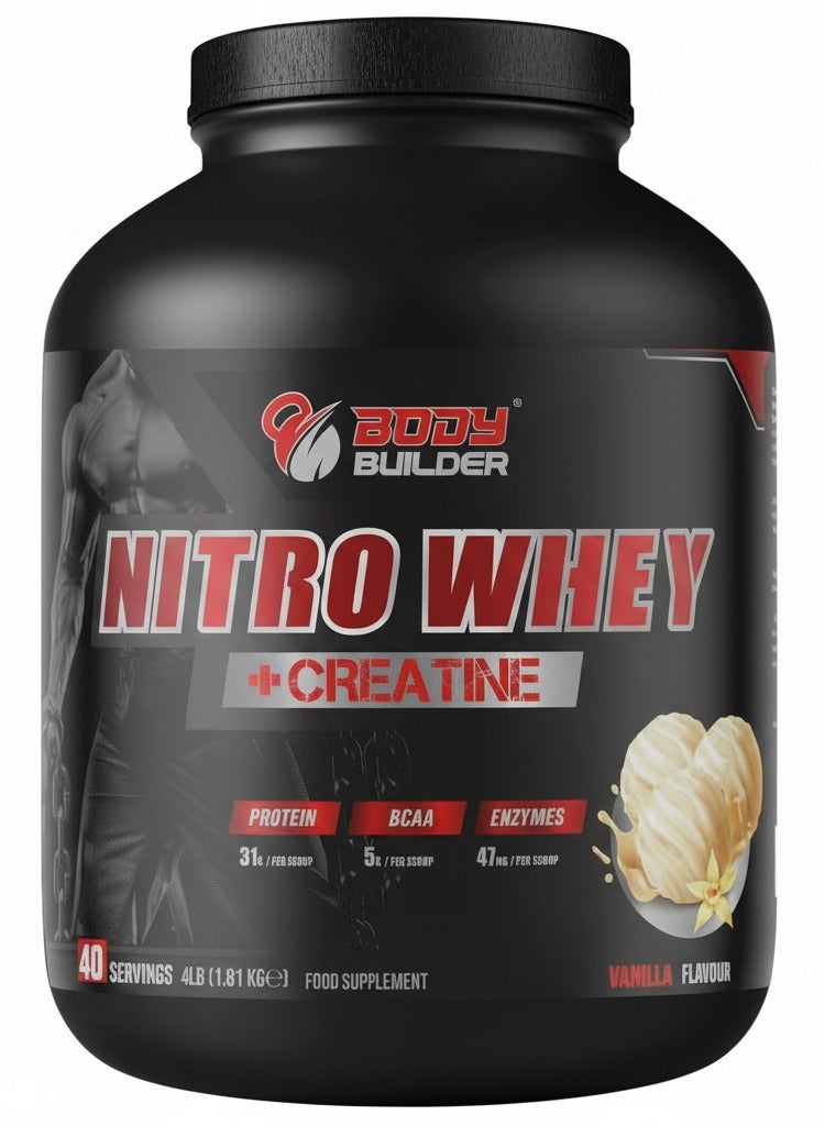 Body Builder Nitro Whey + Creatine | 31g of whey Protein for Muscle Growth & Recovery 5g Creatine10g BCAA with Digestive Enzymes for Lean Gains & Energy Boost - (Vanilla, 4 LB) - Image 1
