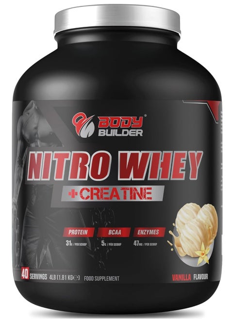 Nitro Whey + Creatine | 31g of whey Protein for Muscle Growth & Recovery 5g Creatine10g BCAA with Digestive Enzymes for Lean Gains & Energy Boost - (Vanilla, 4 LB)