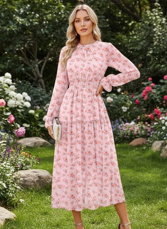 GRACE KARIN Women's Long Sleeve Maxi Dress 2026 Chiffon Flowy Wedding Guest Dresses Floral Dress with Pockets, Pink Floral, XL - Image 3