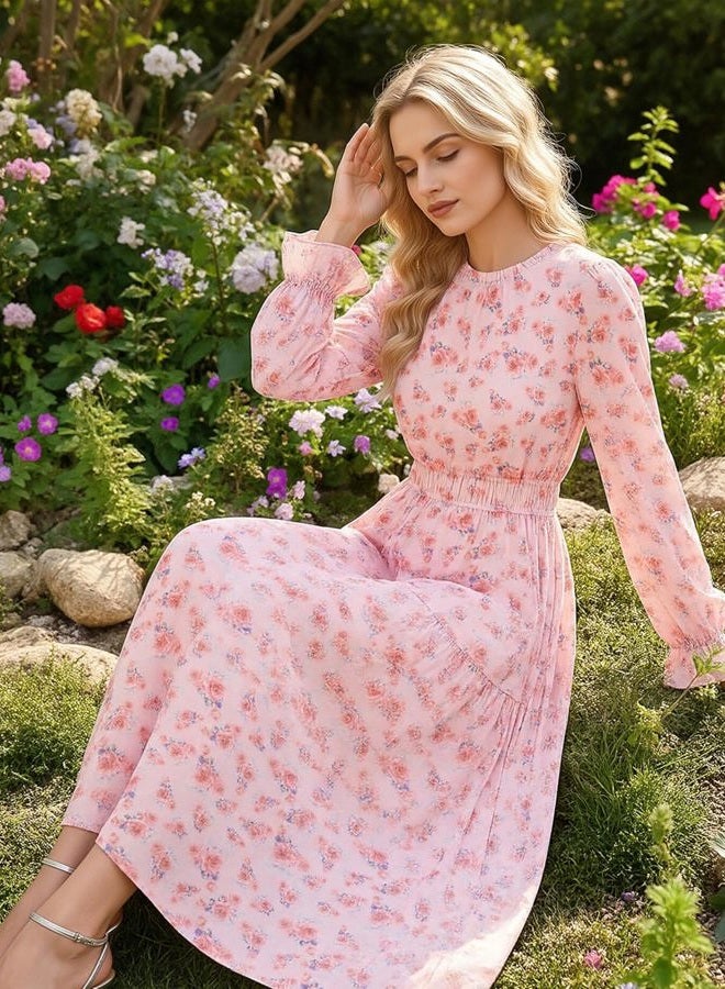 GRACE KARIN Women's Long Sleeve Maxi Dress 2026 Chiffon Flowy Wedding Guest Dresses Floral Dress with Pockets, Pink Floral, XL - Image 4