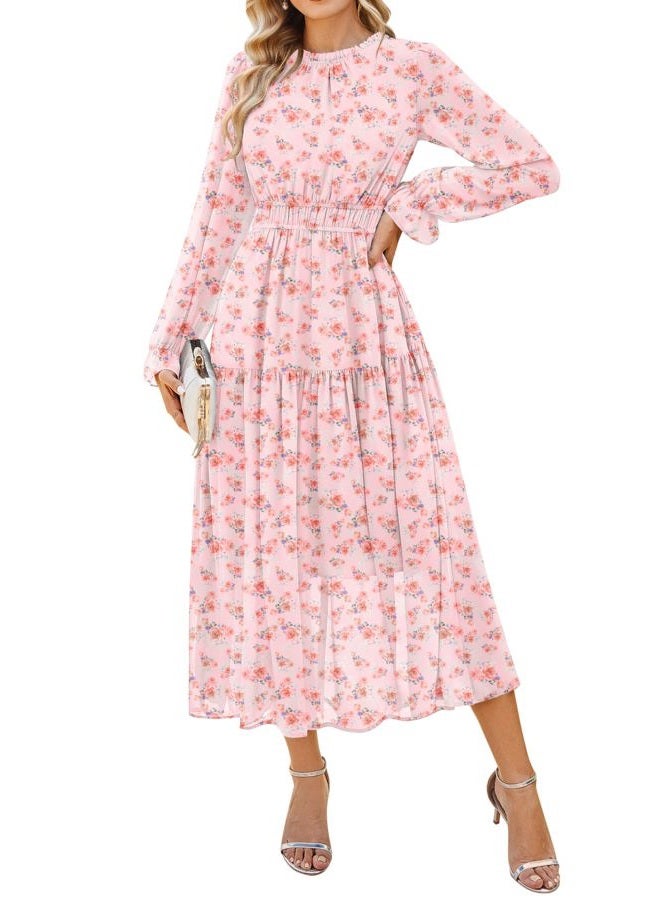 GRACE KARIN Women's Long Sleeve Maxi Dress 2026 Chiffon Flowy Wedding Guest Dresses Floral Dress with Pockets, Pink Floral, XL - Image 1