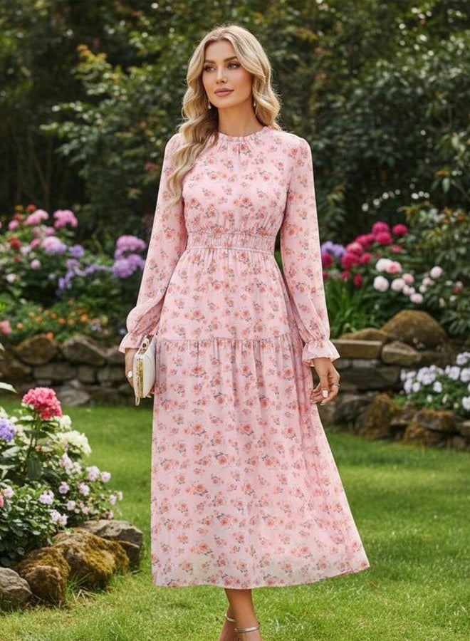 GRACE KARIN Women's Long Sleeve Maxi Dress 2026 Chiffon Flowy Wedding Guest Dresses Floral Dress with Pockets, Pink Floral, XL - Image 2