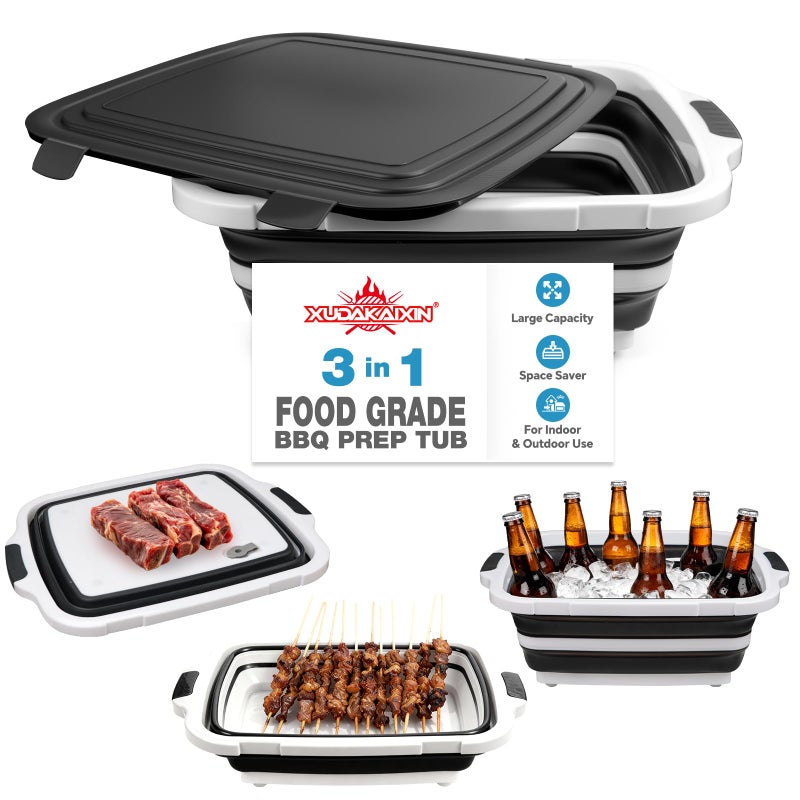 XUDAKAIXIN Collapsible BBQ Prep Tub for Meal Prep, Marinating,Food Storage, picnics, camping, barbecues,cutting fruits and vegetables - Includes Cutting Board and Locking Lid,(X-Large) Black - Image 1