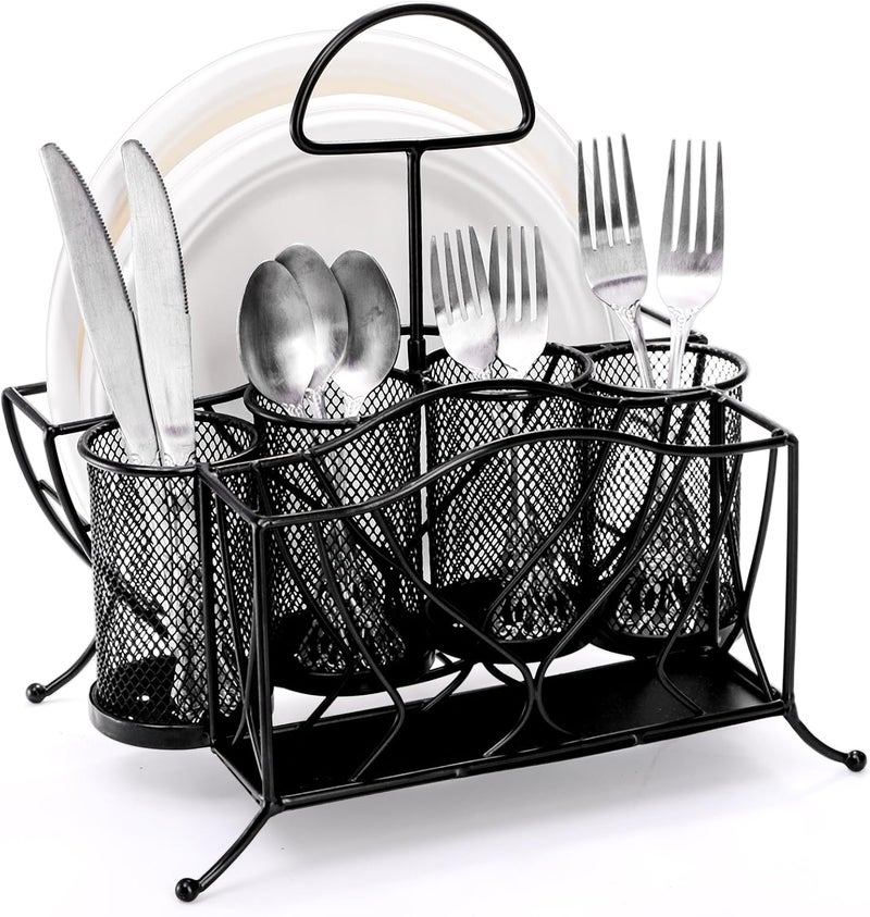 Bekith Silverware Caddy Paper Plate Napkin Holder Utensil Holder with Handle Countertop Flatware Caddy Portable Cutlery Storage Organizer for Kitchen Picnic Camping Party Metal Mesh Black - Image 1