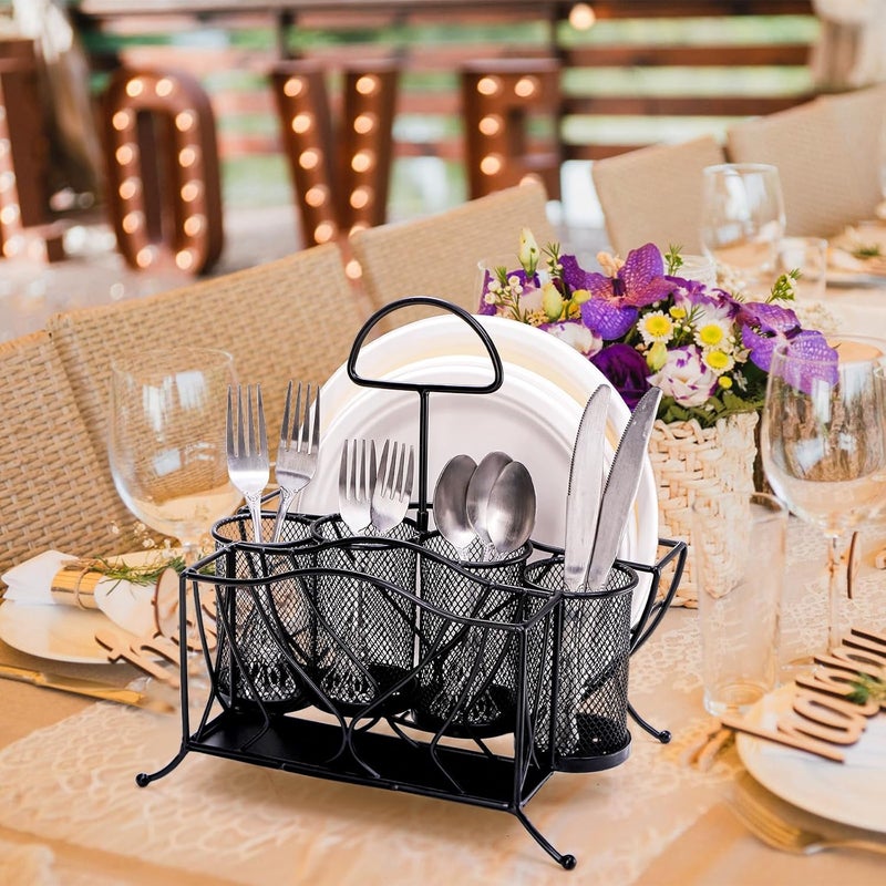 Bekith Silverware Caddy Paper Plate Napkin Holder Utensil Holder with Handle Countertop Flatware Caddy Portable Cutlery Storage Organizer for Kitchen Picnic Camping Party Metal Mesh Black - Image 5