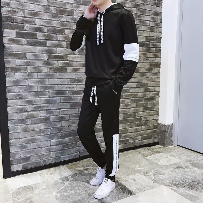 Autumn 2019 New Two-piece Japanese-style Korean-style Mens Sweater Male Student Sports Jacket Hooded Set Fashion Black sweater suit