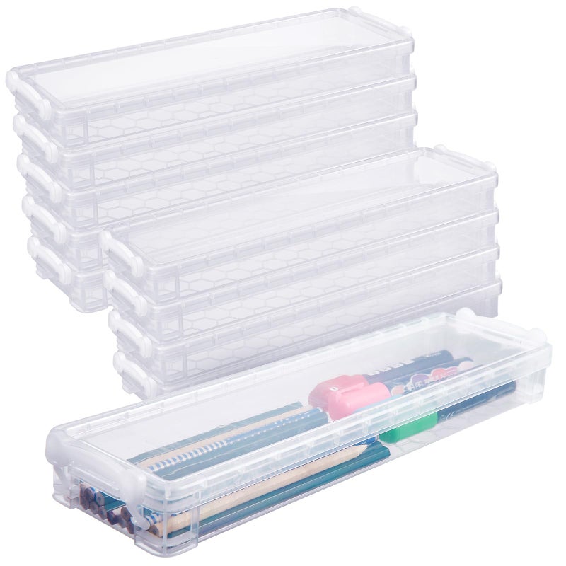 Suclain 10 Pcs Long Extra Large Capacity Plastic Pencil Box Clear Plastic Case Crayon Box with Snap Tight Lid Pencil Holders Container for Craft Art Supplies Drawing Tools Crayon Storage - Image 2