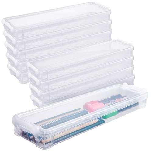 Suclain 10 Pcs Long Extra Large Capacity Plastic Pencil Box Clear Plastic Case Crayon Box with Snap Tight Lid Pencil Holders Container for Craft Art Supplies Drawing Tools Crayon Storage - Image 1