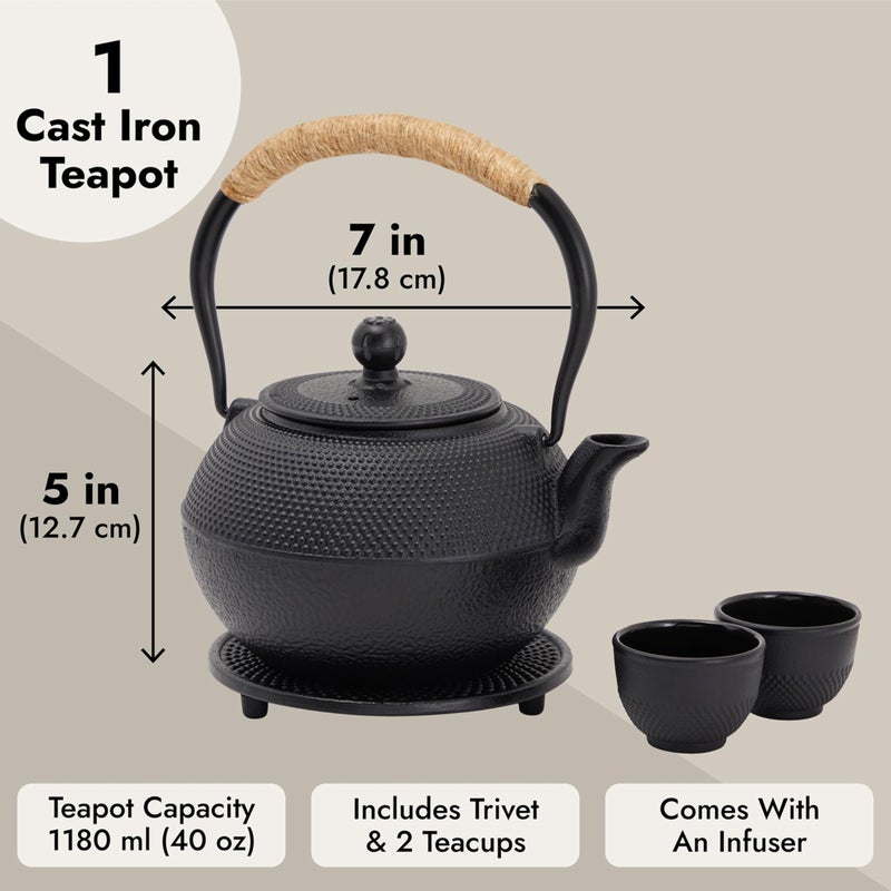 Juvale Cast Iron Teapot - 1200 mL, Black, 2 Cups - Japanese Tea Set with Stainless Steel Infuser & Stovetop Kettle for Loose Leaf Tea - Image 3