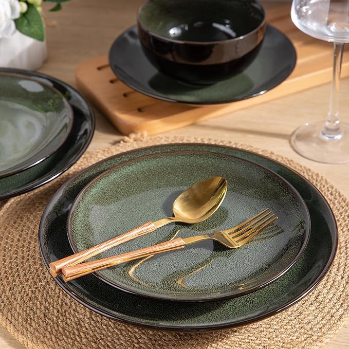 LeRatio Ceramic Dinnerware Sets for 6,Plates and Bowls Sets,Handmade Reactive Glaze Dishes Set,Chip Resistant and Scratch Resistant | Oven&Dishwasher & Microwave Safe,Service for 6-Green (18PCS) - Image 2
